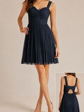 Cache Navy Blue Gold Glitter Pleated Mesh Cocktail Party Dress Size 2